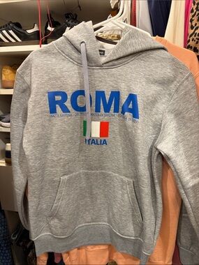 Roma Gray Crewneck Sweatshirt with Blue Logo and Italian Flag